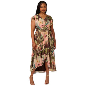 ADRIANNA PAPELL Brown Shimmer Floral Chiffon High-Low Ruffle Midi Dress Sz 16W